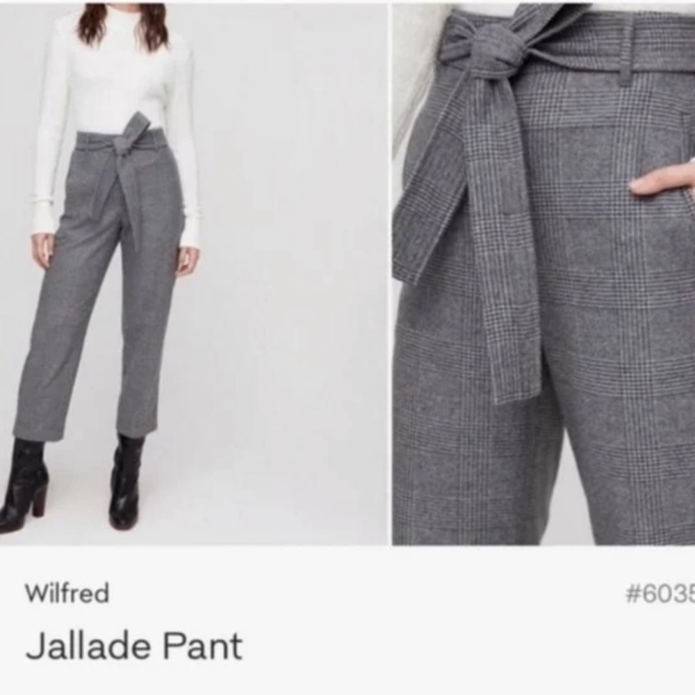Wilfred Aritzia Jallade Wool Blend High Rise Gray Plaid Belted Pants Size 6
